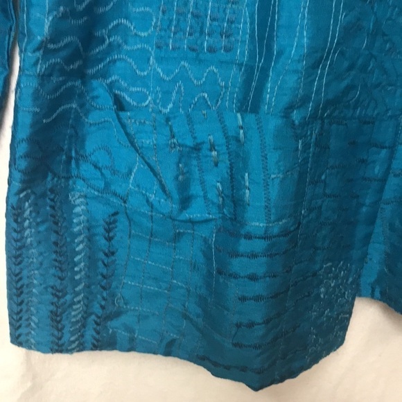 Chico’s Women’s Silk Teal Jacket Open Front Decorative Stitching Size M - Picture 5 of 13